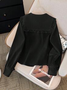SHEIN 优雅蕾丝边领口长袖黑色衬衫，适合少女毕业季穿着 - 黑色 - 查看 4