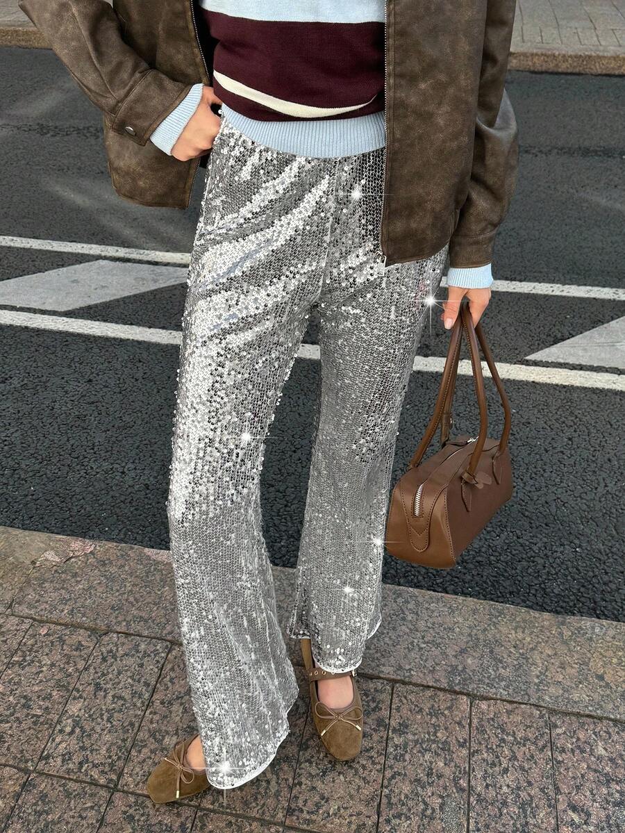 SHEIN EZwear Pantaloni evazați skinny casual cu paiete, talie elastică, culoare solidă, pentru femei, toamnă, iarnă, pentru petrecere, pantaloni cu paiete - alb - Vizualizare 1