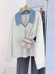 Franclia V领二合一长袖毛衣，秋冬 - 淺灰色 - 查看 6