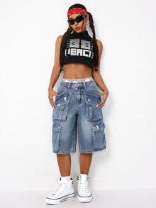 SHEIN ICON 女士休闲水洗牛仔工装短裤 - 淺色水洗藍 - 查看 3