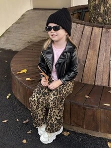 SHEIN Young Girl Solid Color PU Leather Zip Front Long Sleeve Casual Motorcycle Jacket, Suitable For School, Parties And Outings