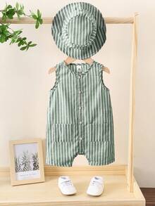 SHEIN 2pcs/Set Baby Boys/Girls Summer Green & White Striped Sleeveless Jumpsuit Shorts And Matching Bucket Hat, Casual Vacation Outfits - Multicolor - View 8