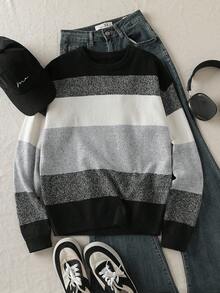 Teen Boy Striped Crew Neck Long Sleeve Casual Loose Knit Sweater, Autumn/Winter Mens Striped Sweater Crew Neck Sweater Colorblock Knitwear Long Sleeve Pullover Sweaters For Teen Boys Color Block Sweater Knit Sweater Sweater For Tweens Sweaters For Teen Boys Mens Sweaters Colorblock Sweater Knitted Sweater Long Sleeve Knit Knit Sweater 8 Years Old Boy Knitwear Sweaters For Teen Boys 8 Years Old Boy Sweater Knit Sweater Boy Knitwear Cable Knit Sweater Youth Sweaters Brown Sweater For Teen Boy 8 Years Old Boy Knitwear Sweater For Boys