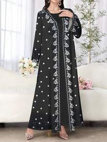 SHEIN Najma 女式花卉印花长袖休闲阿拉伯长袍，春秋装 - 彩色 - 查看 3