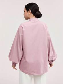Veilorie 女式纯色落肩灯笼袖单排扣休闲衬衫 - 粉色 - 查看 2