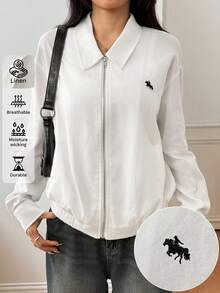 SHEIN PETITE Chaqueta regular de mujer tejida en blanco con patrón bordado en el pecho, versión OVERSIZE para salidas casuales