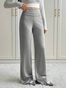 SHEIN Tall Pantalones anchos de pierna ancha con cintura plegable de unicolor para mujer, pantalones de chándal casuales a juego para otoño e invierno - Gris - Ver 4