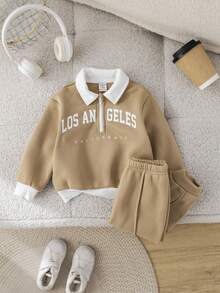 SHEIN Baby Boy/Girl Letter Pattern Knit Soft Contrast Collar Zip-Up Long Sleeve Sweatshirt And Pants Set Baby Boy Two Pieces Set Baby Boy Tracksuit Baby Boy Beige Outfit Baby Boy Los Angeles Outfit Fall Winter - Camel - View 5