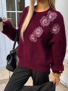 DAZY 女式宽松花卉装饰圆领落肩长袖毛衣，秋冬 - 酒紅色 - 查看 4