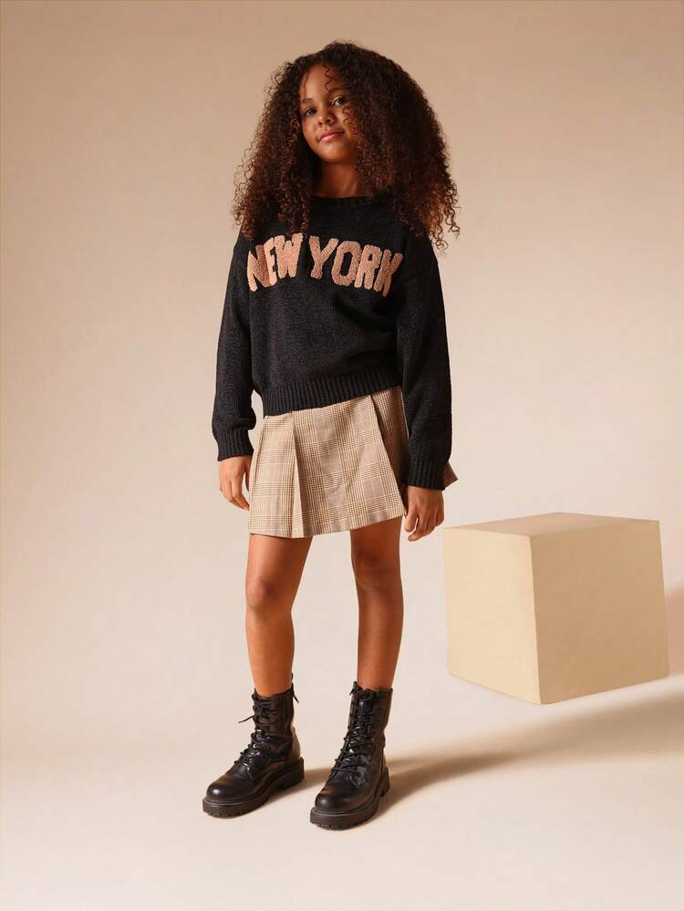 Strukturierter Strickpullover mit metallischem City-Text-Print