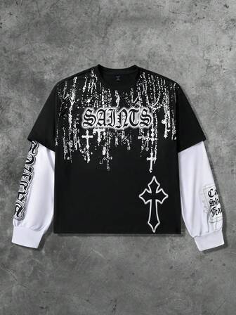 Men's Gothic Cross Print T-Shirt, 2 In 1
