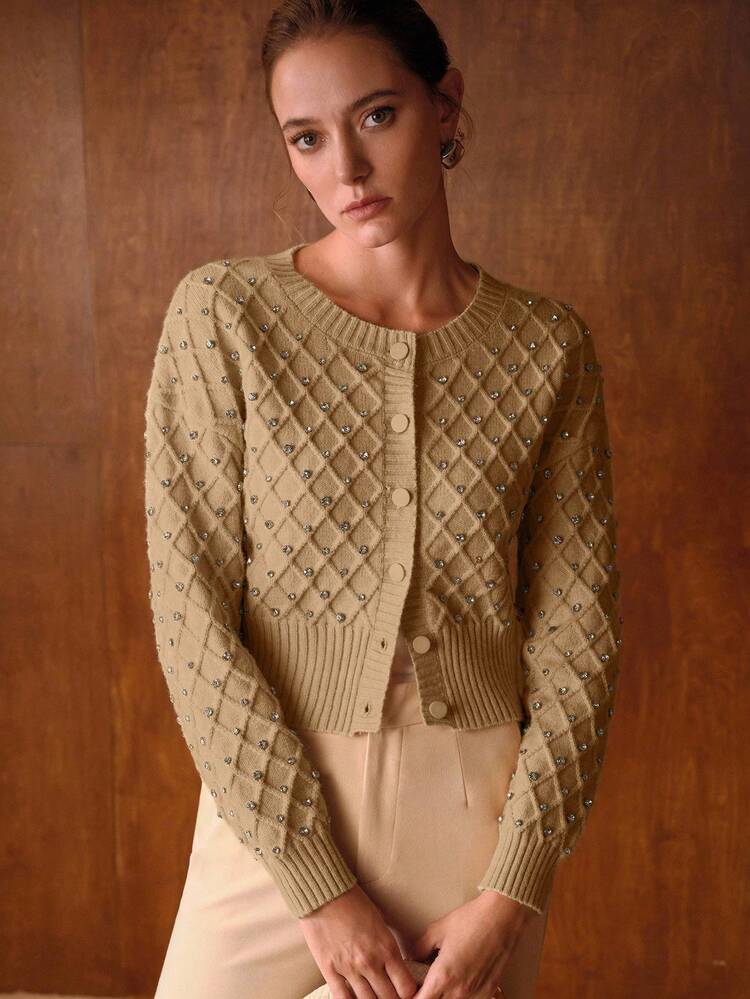 WOMEN'S ROUND NECK LONG SLEEVE RHINESTONE DECOR ELEGANT LONG SLEEVE CARDIGAN
