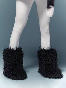 SHUZIA 时尚女式中筒黑色人造毛皮毛绒蓬松毛茸茸温暖舒适冬季节日平底靴 - 黑色 - 查看 6