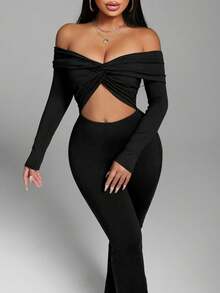 VaVaBold Fashionable Sexy Solid Color Off Shoulder Twist Hollow Jumpsuit - Black - View 3