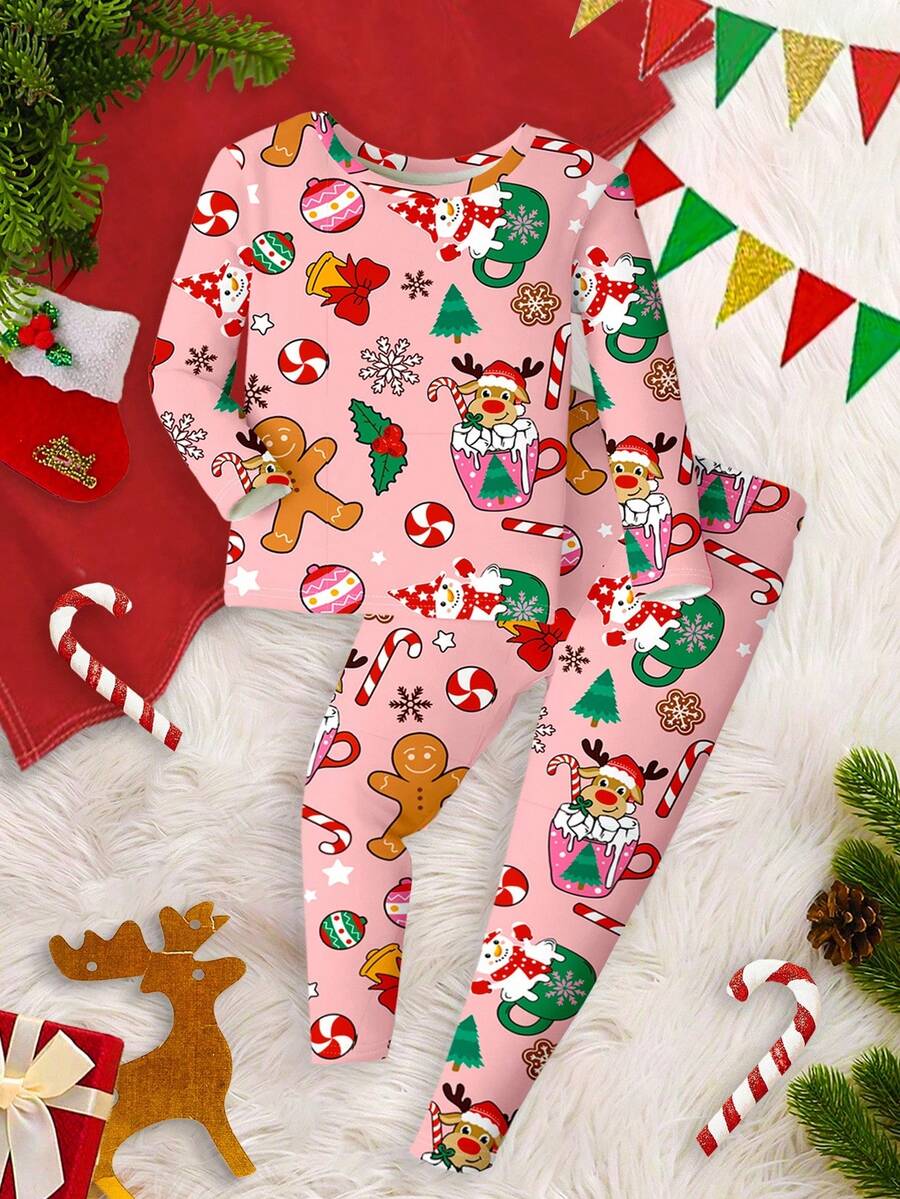 SHEIN Ensemble de pyjama rose à thème de Noël pour jeune fille, styledessin animén, coupe minimaliste, doublure thermique, col rond, manches longues et pantalon. Convient pour l'automne/l'hiver - Multicolore - Voir 1