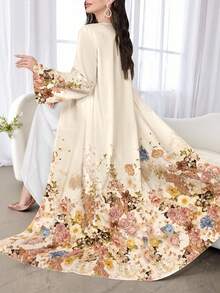 SHEIN Najma 女士时尚长袖休闲花卉印花阿拉伯长袍，适合春秋季节 - 彩色 - 查看 1