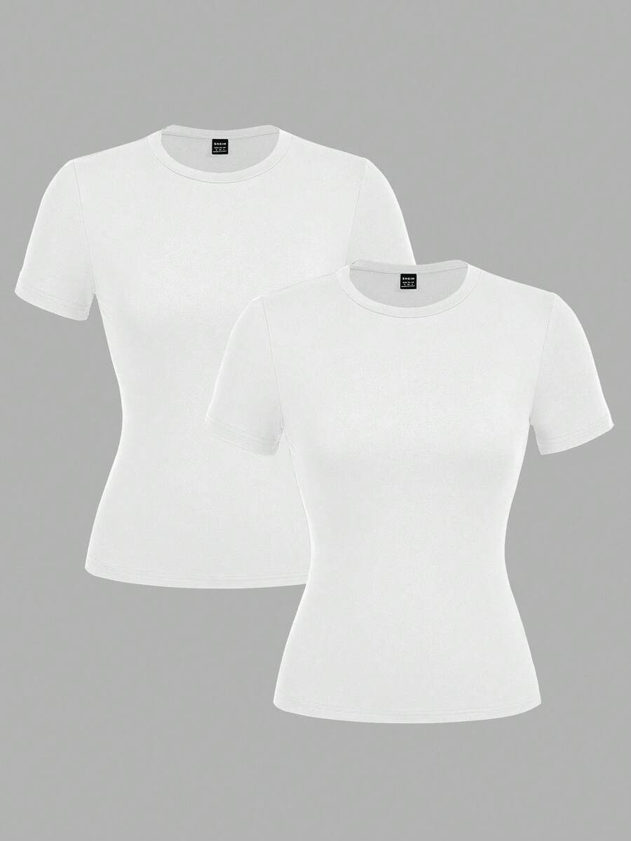 SHEIN EZwear 2pcs White Casual Basic Crew Neck Short Sleeve T-Shirts, Suitable For Spring/Summer - White - View 1