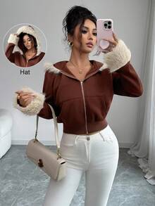 Elenzga Kurze Reißverschluss-Kapuzenjacke aus Plüschstoff mit kontrastierenden Bündchen