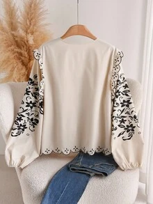 CosyJoli Plus Size Casual Bowknot Strap Open Front A-Line Ruffle Embroidered Floral Print Shirt - Apricot - View 2