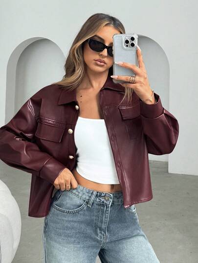 Siren Gaze Women's Casual Solid Color Button-Up Dolman Jacket, Autumn Cropped Leather Jacket Leather Jackets For Women Women Jackets Leather Outfits For Women Brown Leather Top,Cozy Fall And Winter Clothes For Women