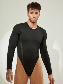 FeverCity Herren eng anliegender langärmeliger Mesh-Patchwork-Bodysuit, Herbst