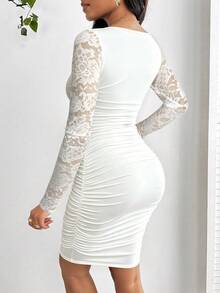 SHEIN Lady Rochie de bal elegantă de patru sezoane pentru femei, de Anul Nou, ținută de Ziua Îndrăgostiților, pentru bal, rochii de petrecere pentru femei, culoare solidă neagră, dantelă patchwork, decolteu în V, mânecă lungă, rochii scurte pentru femei, rochie scurtă - alb - Vizualizare 2