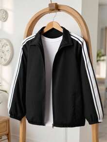 SHEIN Girls' Fashion Sweet Zip-Up Jacket With Side Ribbon, Suitable For Spring And Autumn - Black - View 4