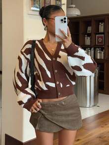 Muchica Brown Sweater V-Neck Dropped Shoulder Pattern Knitted Cardigan With Wrist-Length Sleeves, Bold Style Zebra Print Cardigan Women's Cropped Cardigan Women's Striped Cardigan Women's Animal Print Cardigan Women's Cropped Cardigan Sweater, Women's Autumn Clothing - Multicolor - View 3