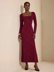 JIAN LASALA Burgundy Textured Knit Square Neck Backless Tie-Up Mermaid Hem Fitted Dress Women Elegant Dark Red Dress Maroon Dress Burgundy Dress Open Back Dresses Red Wine Dress Luxury Stylish Clothing Collection - Burgundy - View 7