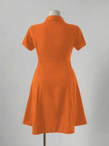 Sunspun Punk Chic Fashion Collared Casual Versatile Contrast Color Spider Print Waist Flare A-Line Dress - Orange - View 2