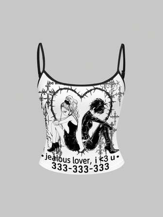 Anime Top de tirantes de mujer estampado completo en blanco y negro con estilo punk vintage y baddie