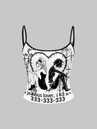 Anime Punk Y2K Komplett-Muster Mädchen Schwarz & Weiß Baddie Punk Vintage Damen Trägershirt