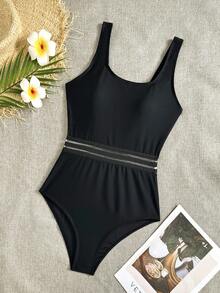 Swim SPRTY Summer Beach Contrast Mesh One Piece Swimsuit - Black - View 5