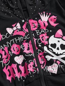 ROMWE Áo nỉ đen in chữ và hình đầu lâu đính đá màu hồng theo phong cách Gothic, áo khoác nỉ đen thời trang đường phố cỡ lớn dành cho nữ, áo nỉ dài tay cỡ lớn dành cho nữ, áo nỉ mùa đông cỡ lớn dành cho nữ - màu đen - Xem 3