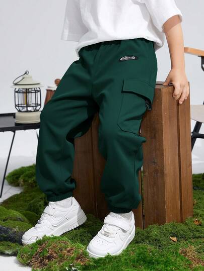 SHEIN Tween Boys' Casual Sports Graphic Print Pocketed Loose Fit Drawstring Cargo Pants, Suitable For Commuting, School, Daily Casual, Travel, Sports, Spring/Summer/Autumn/Winter,Christmas,Winter,