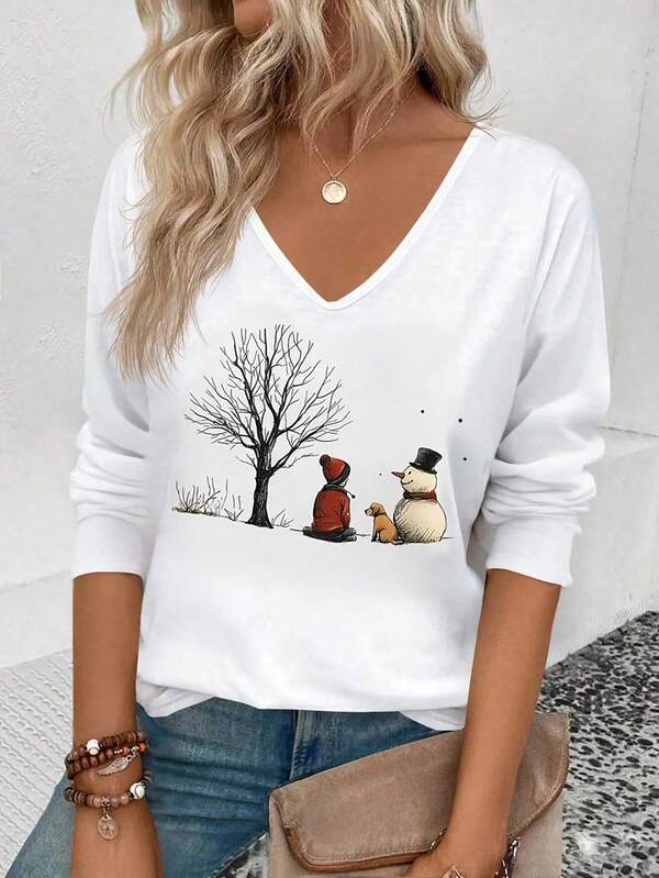 EMERY ROSE Women's Casual Cartoon Print V-Neck Long Sleeve T-Shirt, Autumn/Winter Christmas