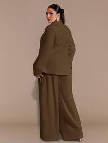 SHEIN BAE Plus Size Curve Autumn And Winter Elegant Commuter Business Party Big Woman Black Formal Waist Suit Jacket And Wide-Leg Pants Ladies Two Pieces Suit Business Casual Woman Suits For Woman Blazer Set Pants Suits For Woman Women Pants Suit Set Corporate Set Women Work Suits Woman Suit