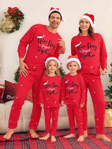 SHEIN 2pcs Girls' Christmas Red Plush Minimalist English Embroidery Long Sleeve Top And Pants Pajama Set Kids Christmas Pajama Set Fall Winter - Red - View 1
