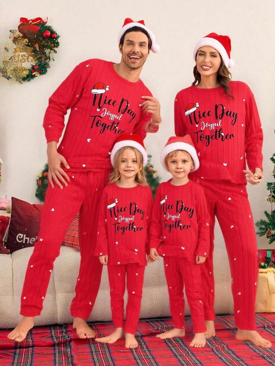 SHEIN 2pcs Girls' Christmas Red Plush Minimalist English Embroidery Long Sleeve Top And Pants Pajama Set Kids Christmas Pajama Set Fall Winter - Red - View 1