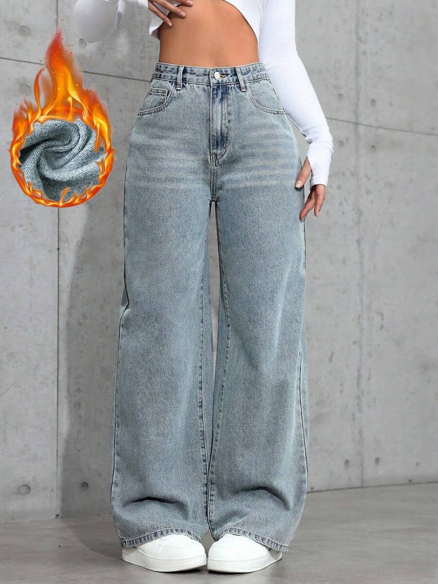 SHEIN ICON Jeans rectos de cintura alta lavados de manera casual - Azul - Ver 1