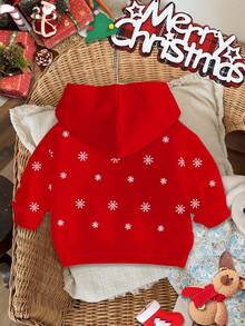 SHEIN Happikins 女婴休闲圣诞快乐可爱卡通驯鹿、圣诞雪花、圣诞铃铛图案红色节日宽松舒适针织柔软连帽套头衫，适合秋冬季穿着 - 彩色 - 查看 5