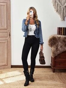 EMERY ROSE Women's Casual Washed Denim Jacket With Ruffle Trim Front Opening, Autumn - Blue - View 6