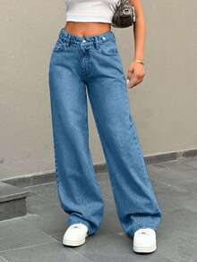 EURMUSE Low Waist Button Detailed Snow Wash Straight Cut Jean - Blue - View 5
