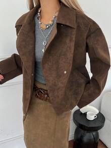 DAZY 女式绒面革超大领口宽松短款休闲街头风格夹克 - 棕色 - 查看 4