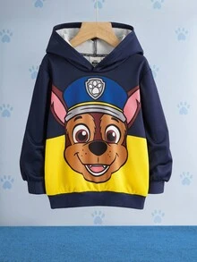 SHEIN | PAW Patrol 男童休闲卡通图案连帽宽松针织户外海军蓝长袖卫衣 - 藏蓝色 - 查看 1