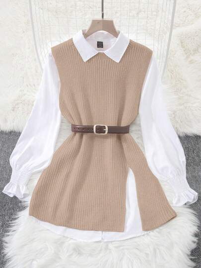 Airaco 2pcs Spring White Lantern Sleeve Blouse & Loose Fit Open Front Vest Sweater Set For Women