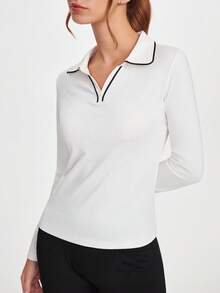 SHEIN Sports 女式撞色饰边休闲长袖运动 Polo 衫 - 黑與白 - 查看 2