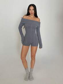 FavEase 时尚性感露肩合身针织连体衣 - 灰色 - 查看 5