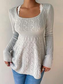 FavEase Women's Fall Casual Twist Cable Pattern Long Sleeve A-Line Sweater, Versatile For Autumn - Grey - View 6