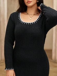 Flirla Plus Size Women's Fashionable Black Knitted Dress, Vintage High-End Elegant Fitted Sweater Dress, Casual & Versatile, Autumn/Winter